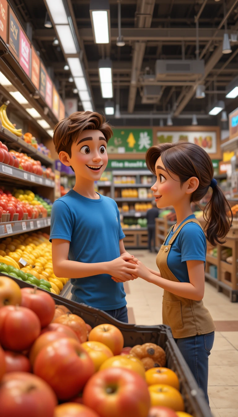 Giovane che chiede aiuto a una commessa nel reparto frutta del supermercato
