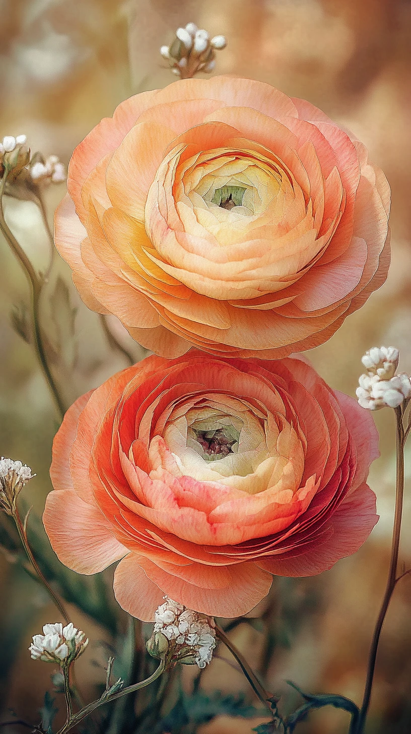 Romantic close up of layered ranunculus flowers with bokeh
