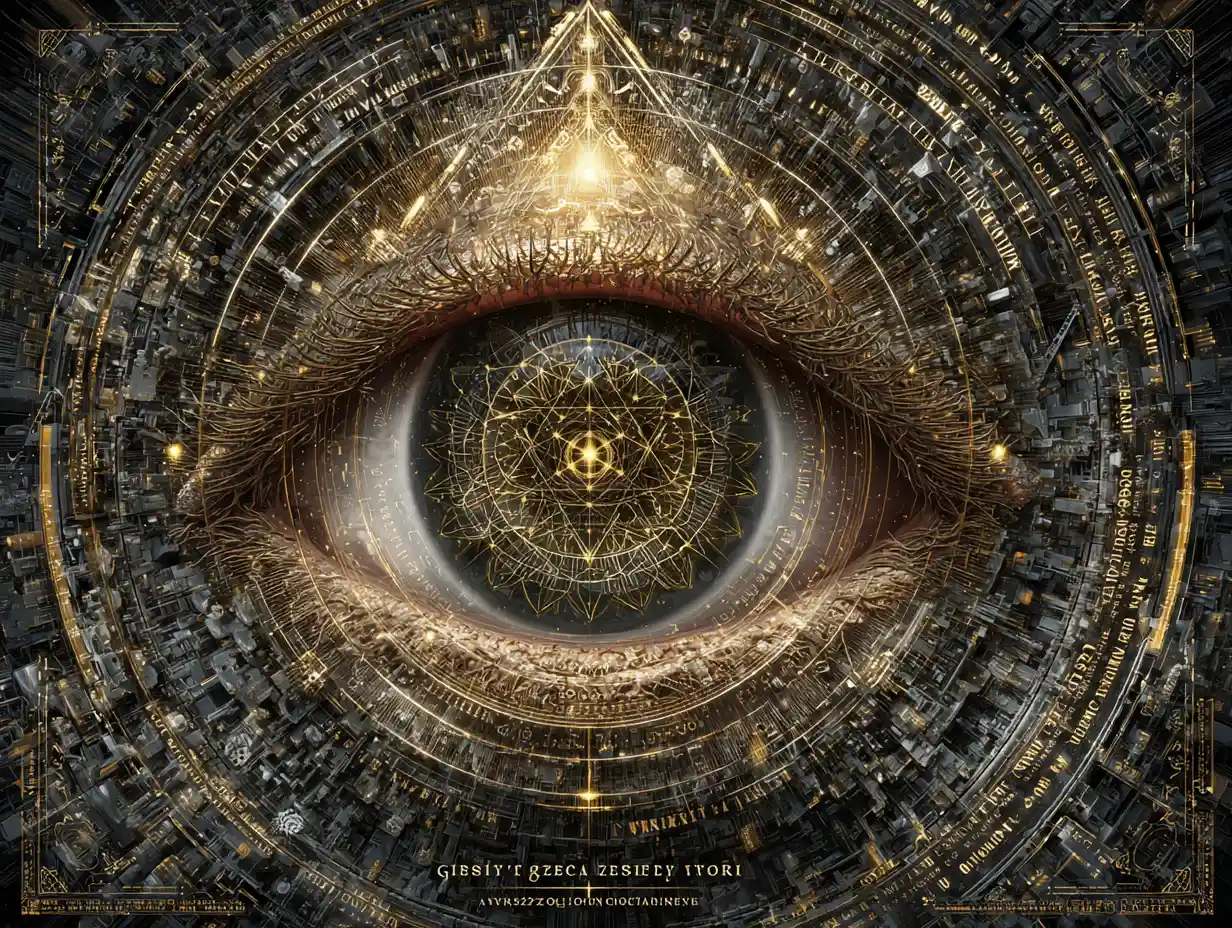 Colossal flaming eye with exploding sacred geometry matrix