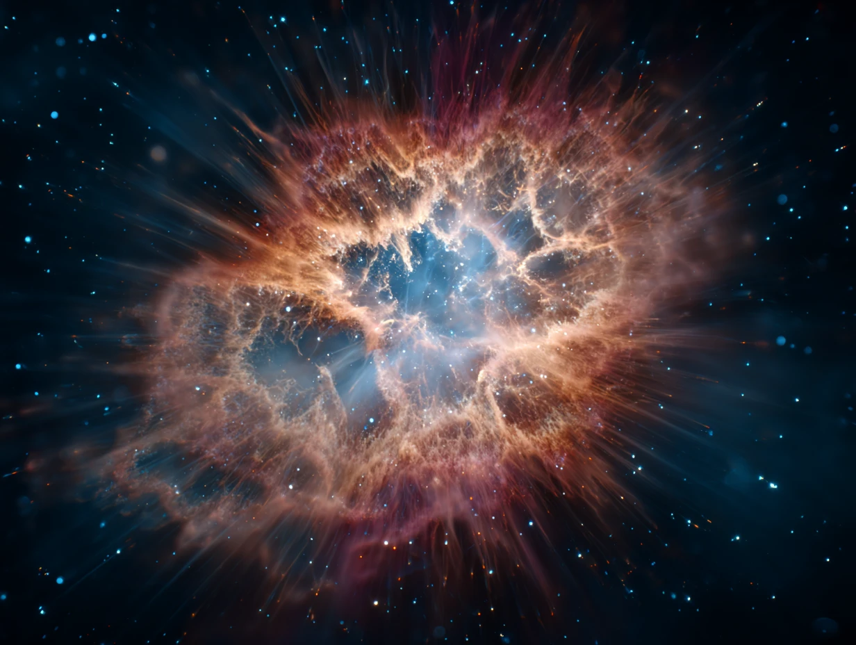 Supernova explosion with glowing plasma clouds in deep space