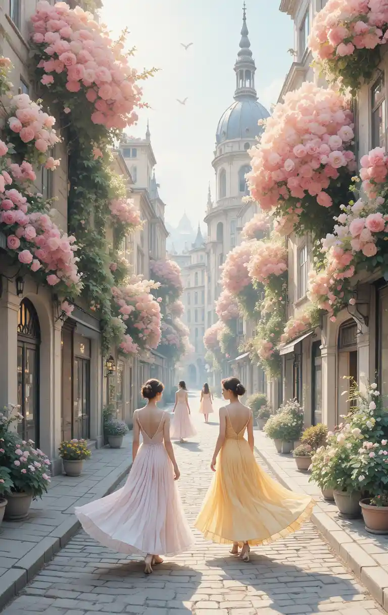 Elegant women strolling through a dreamy floral city street