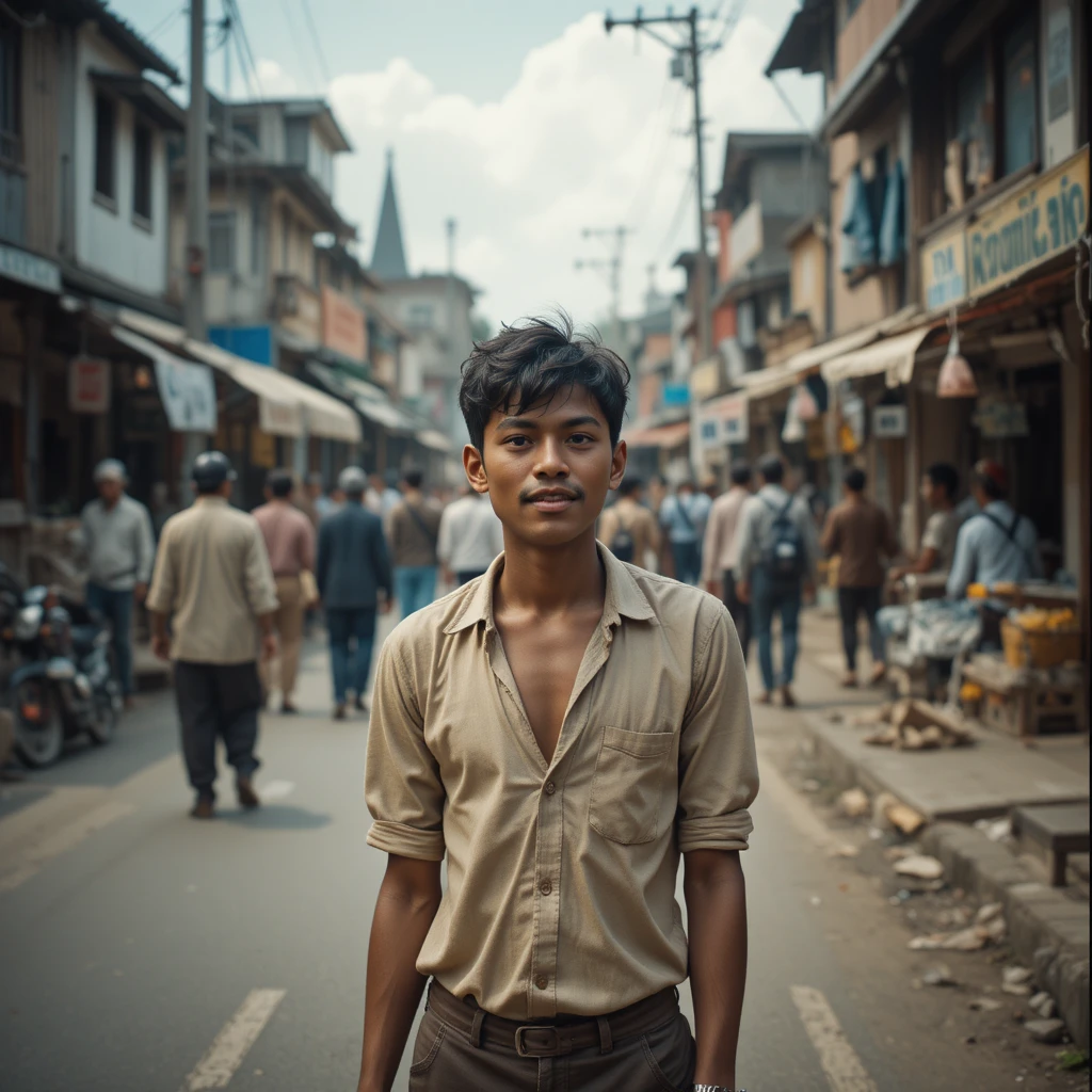 Young man on busy small town street looking hopeful