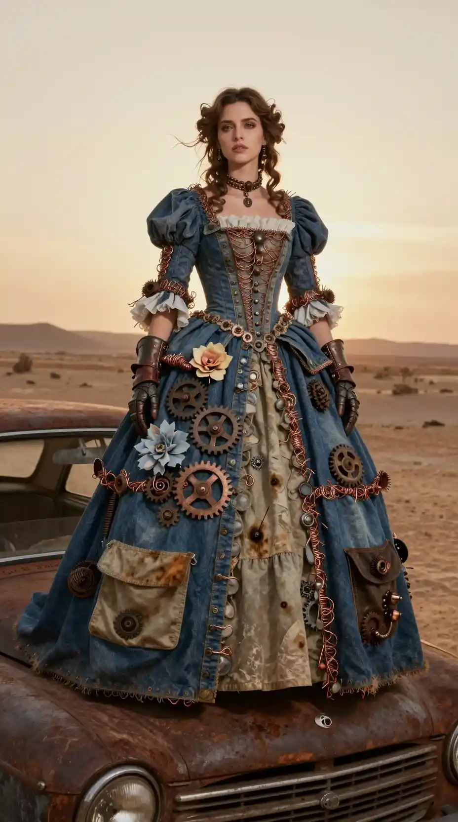 Futuristic aristocratic woman standing on a rusted car hood