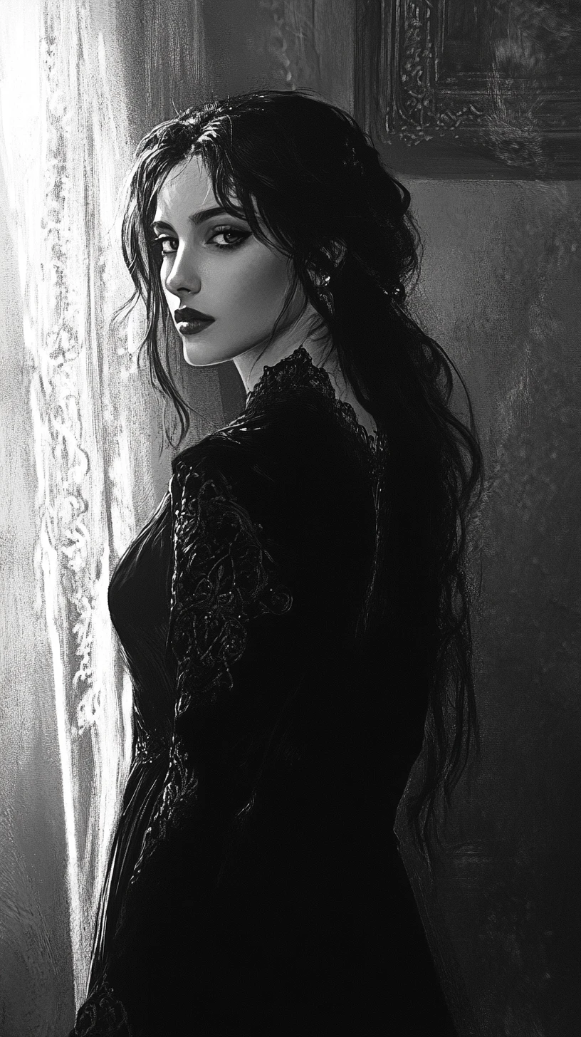 Dark haired witch standing in a candlelit old room