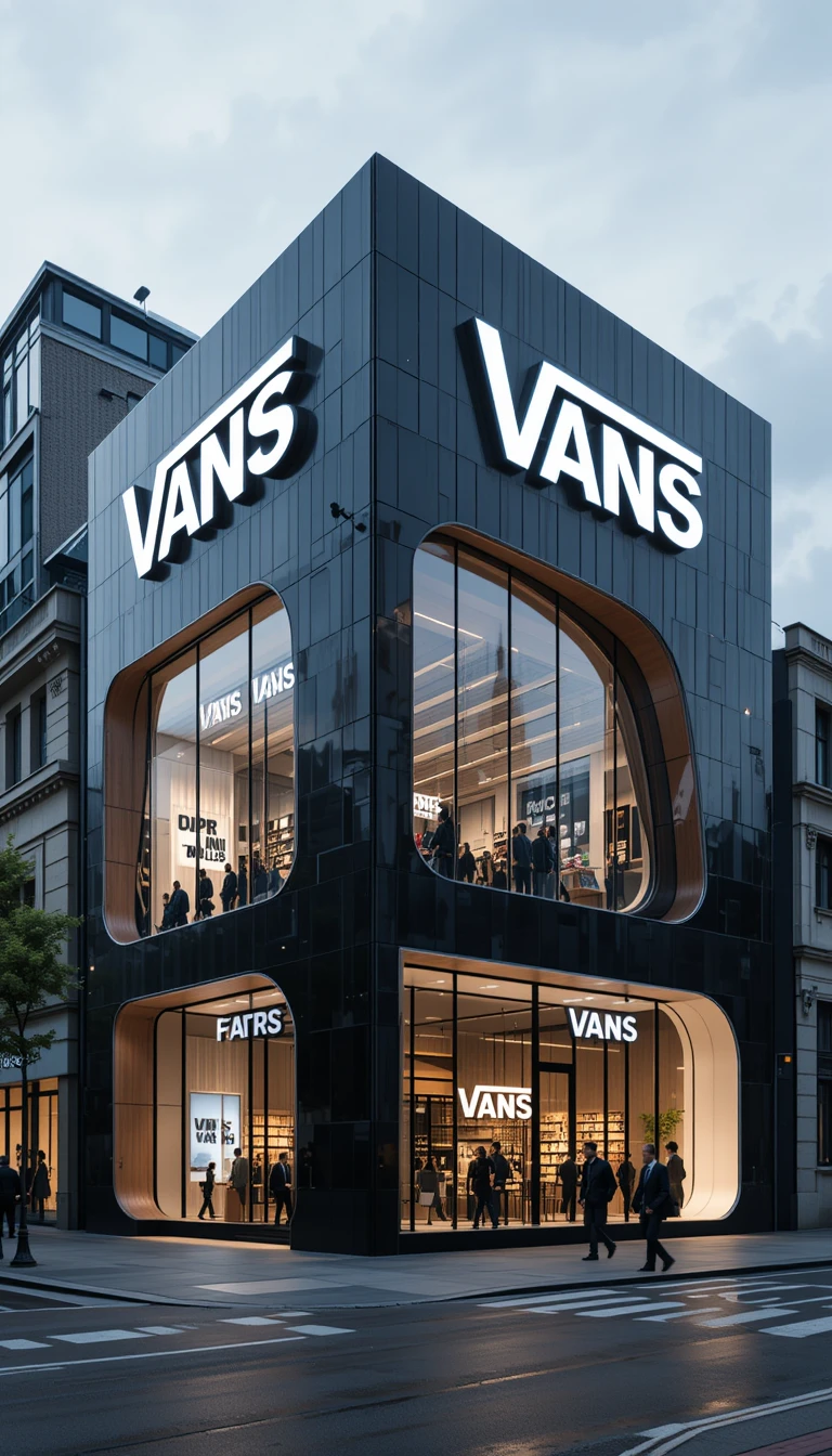 Futuristic black flagship store with glowing white accents