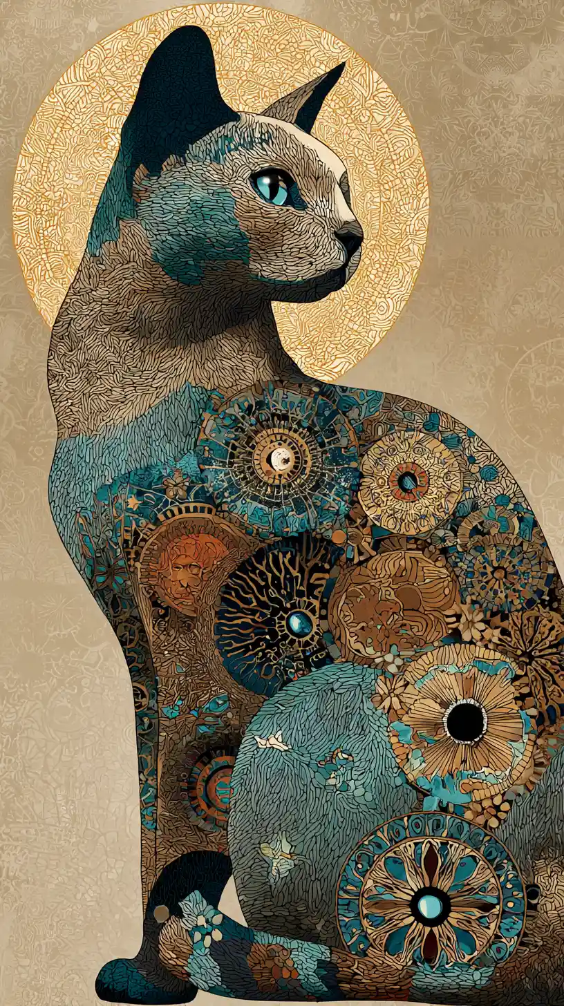 Mosaic steampunk cat with celestial mandala patterns