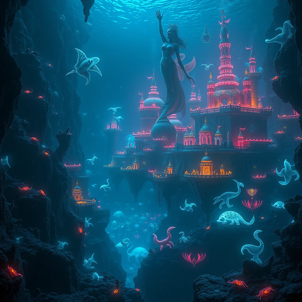 Phosphorescent mermaid above a vast underwater city