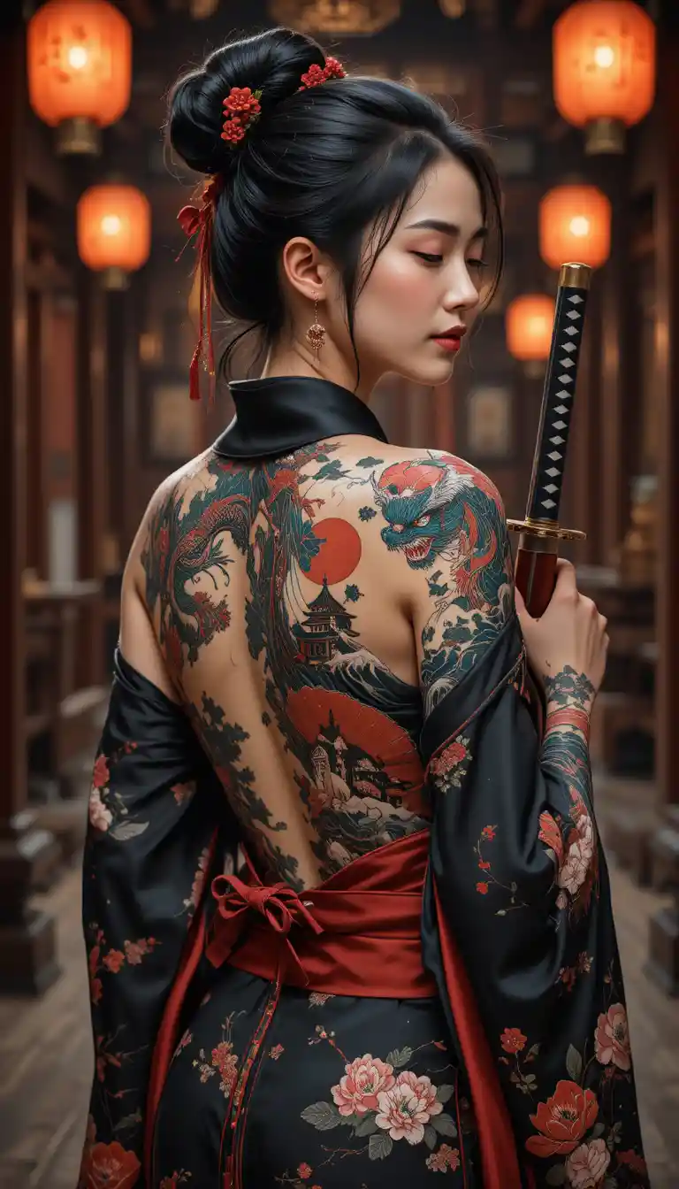 Guerrera tatuada con katana en kimono de seda