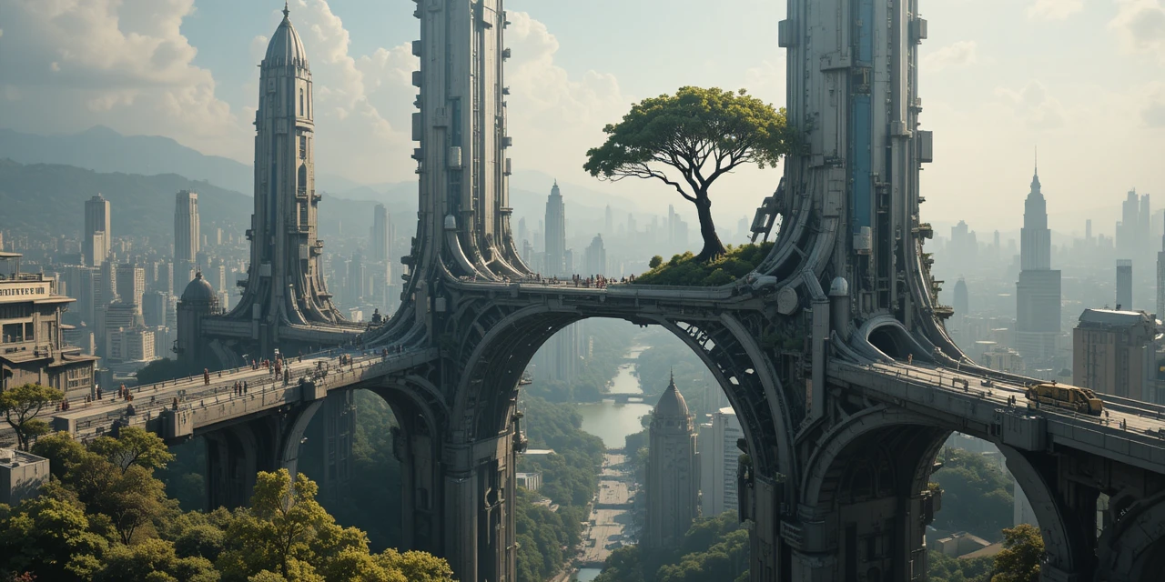 Futuristic city with bridges and a tree grown through architecture