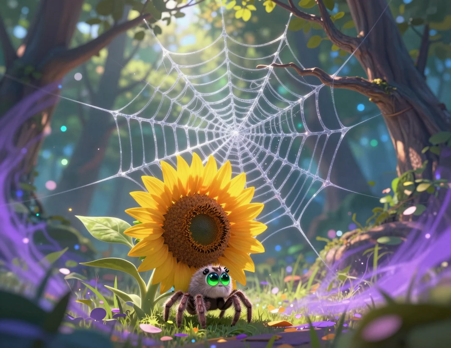 Pequeña araña adorable descansando bajo un girasol brillante