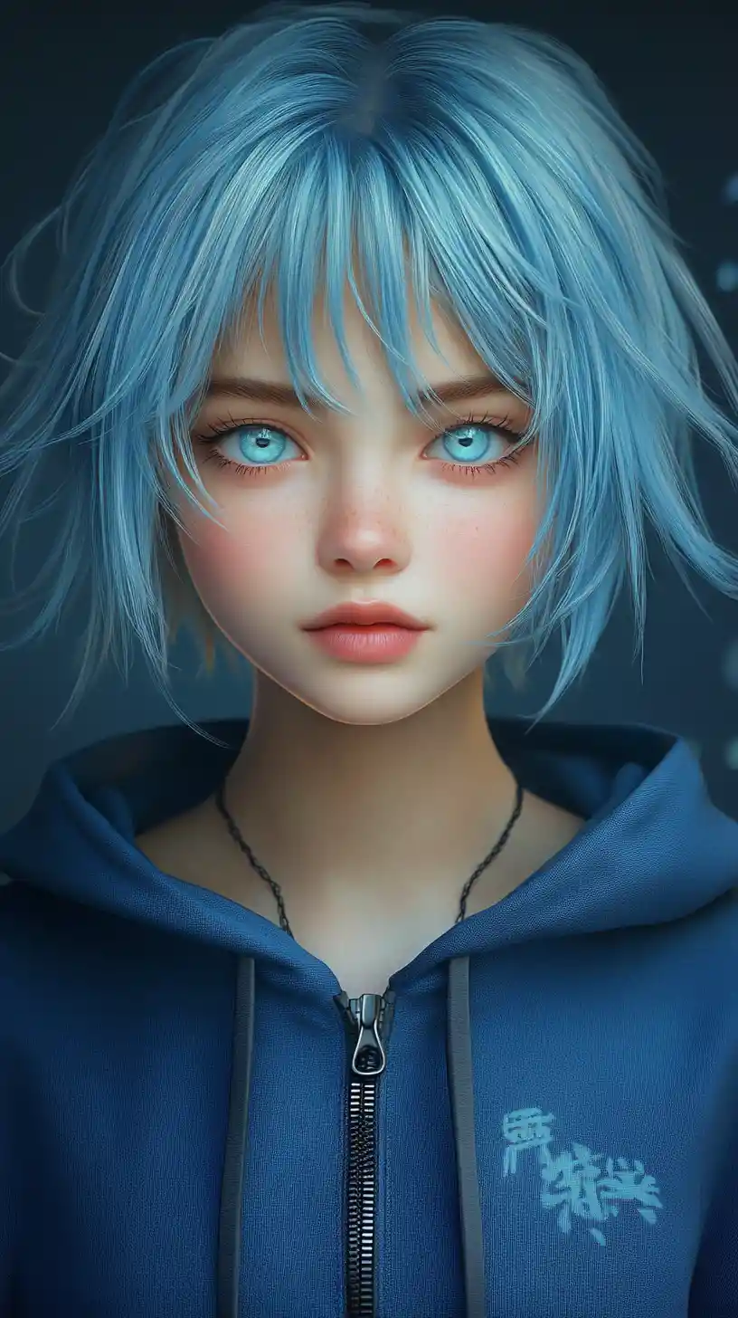 Blue haired anime girl portrait with hooded sweatshirt