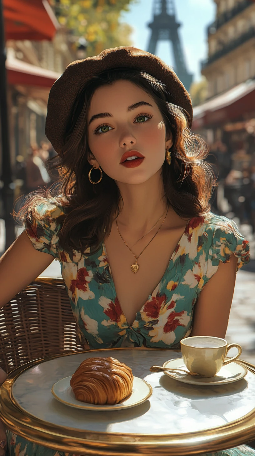 Dreamy young woman at a Paris street cafe