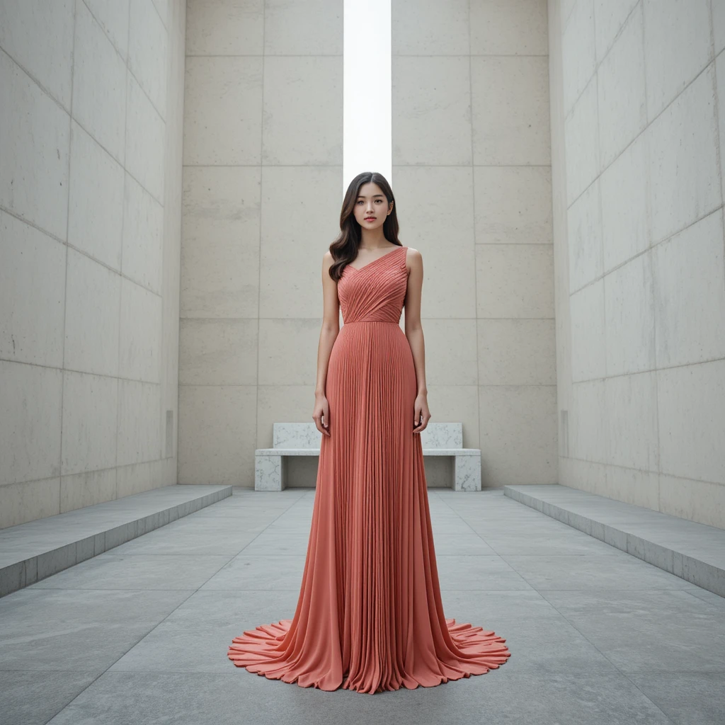 Korean woman in pleated coral gown in minimalist sanctuary