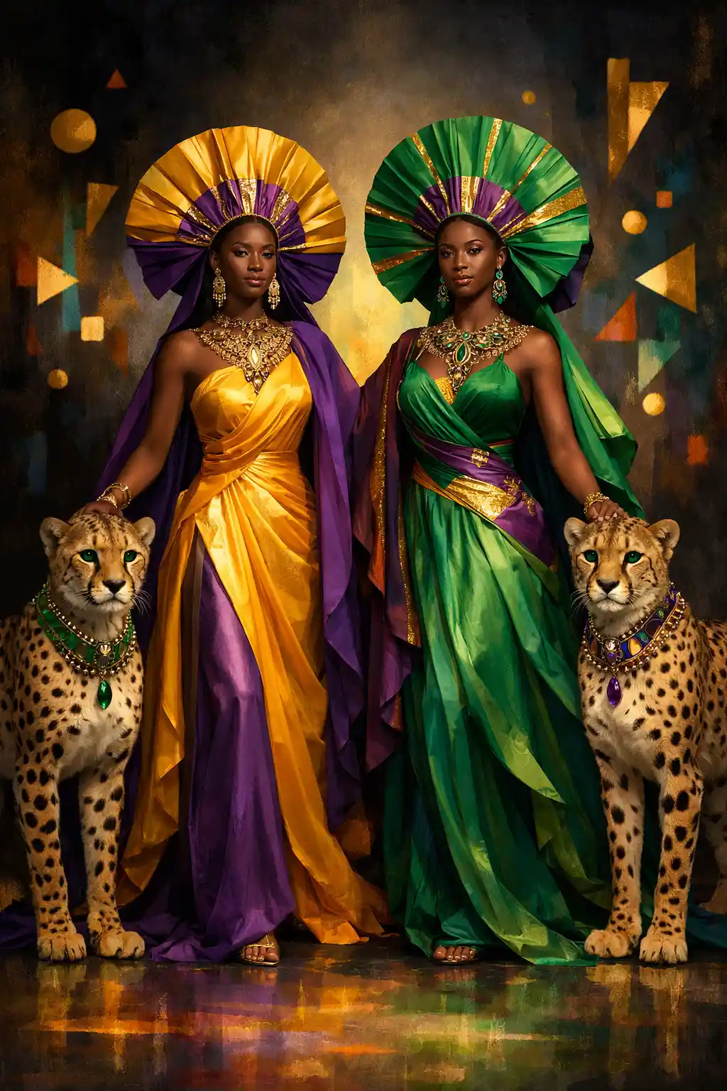 Regal African women with jeweled cheetahs in surreal colors