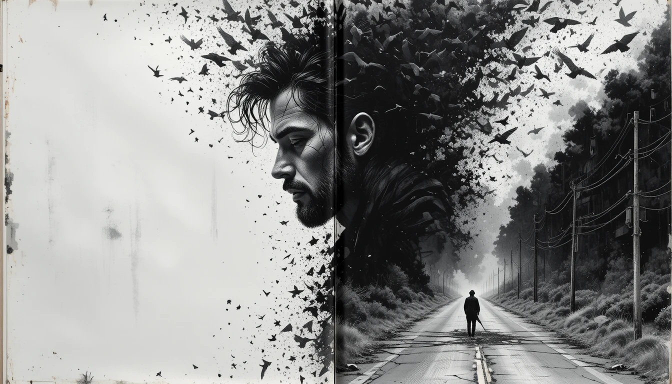 Scarred man dissolving into ravens in noir ink illustration