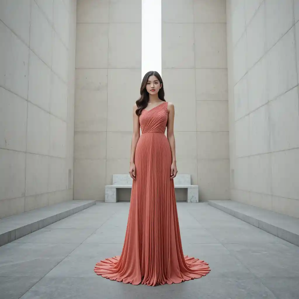 Korean woman in pleated coral gown in minimalist sanctuary