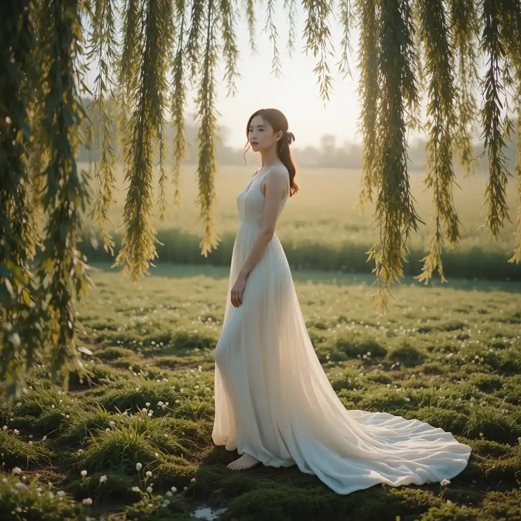 Korean girl in vanilla silk gown under golden willow trees