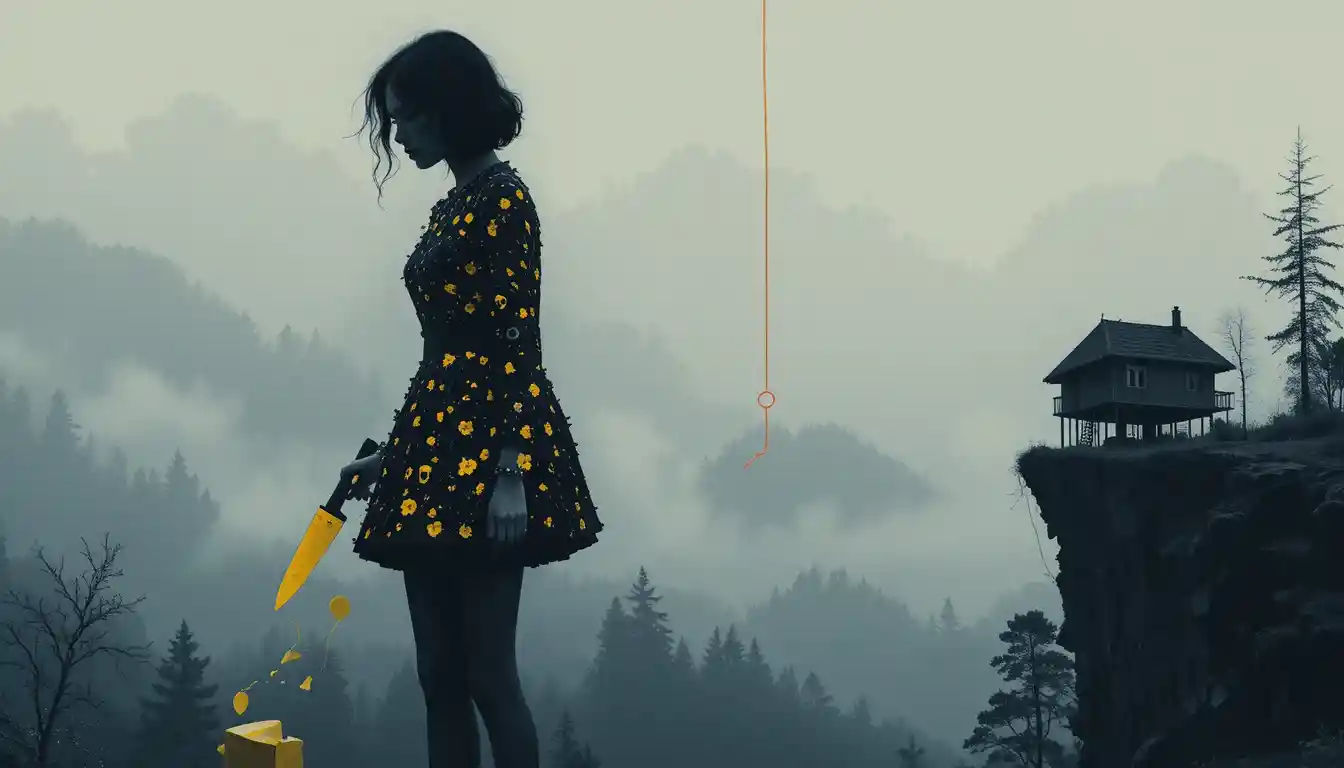 Silhouetted woman with yellow knife on minimalist book cover