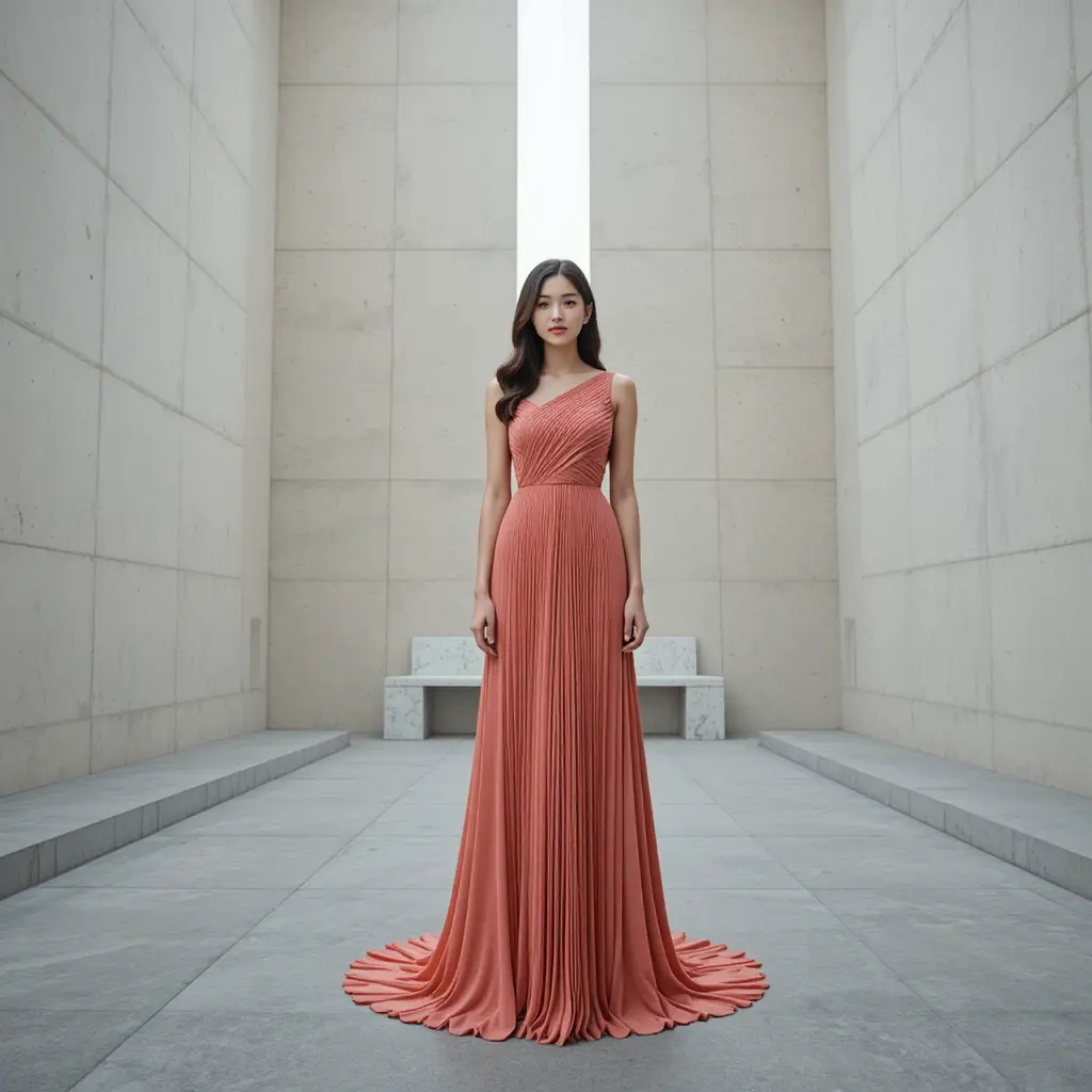 Korean woman in pleated coral gown in minimalist sanctuary