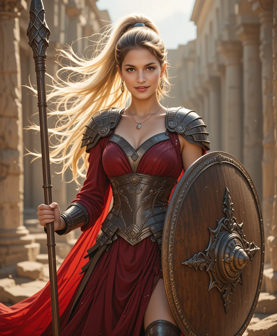 Blonde spear warrior in red dress amid ancient marble ruins