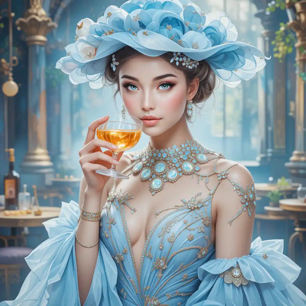 Femme chic en tenue bleu pastel sirotant un cocktail