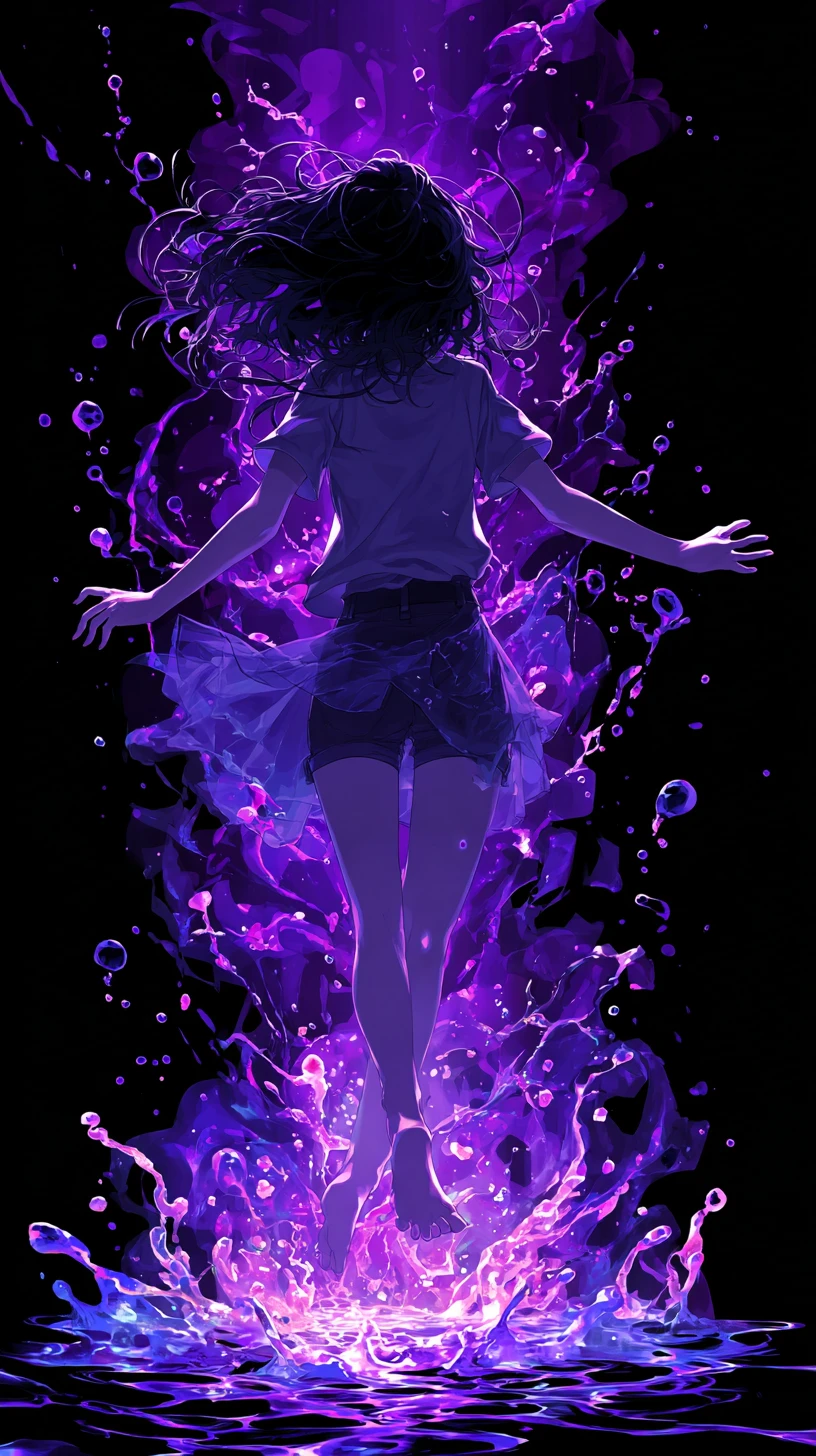Mujer de anime elevándose en un vórtice de energía violeta brillante