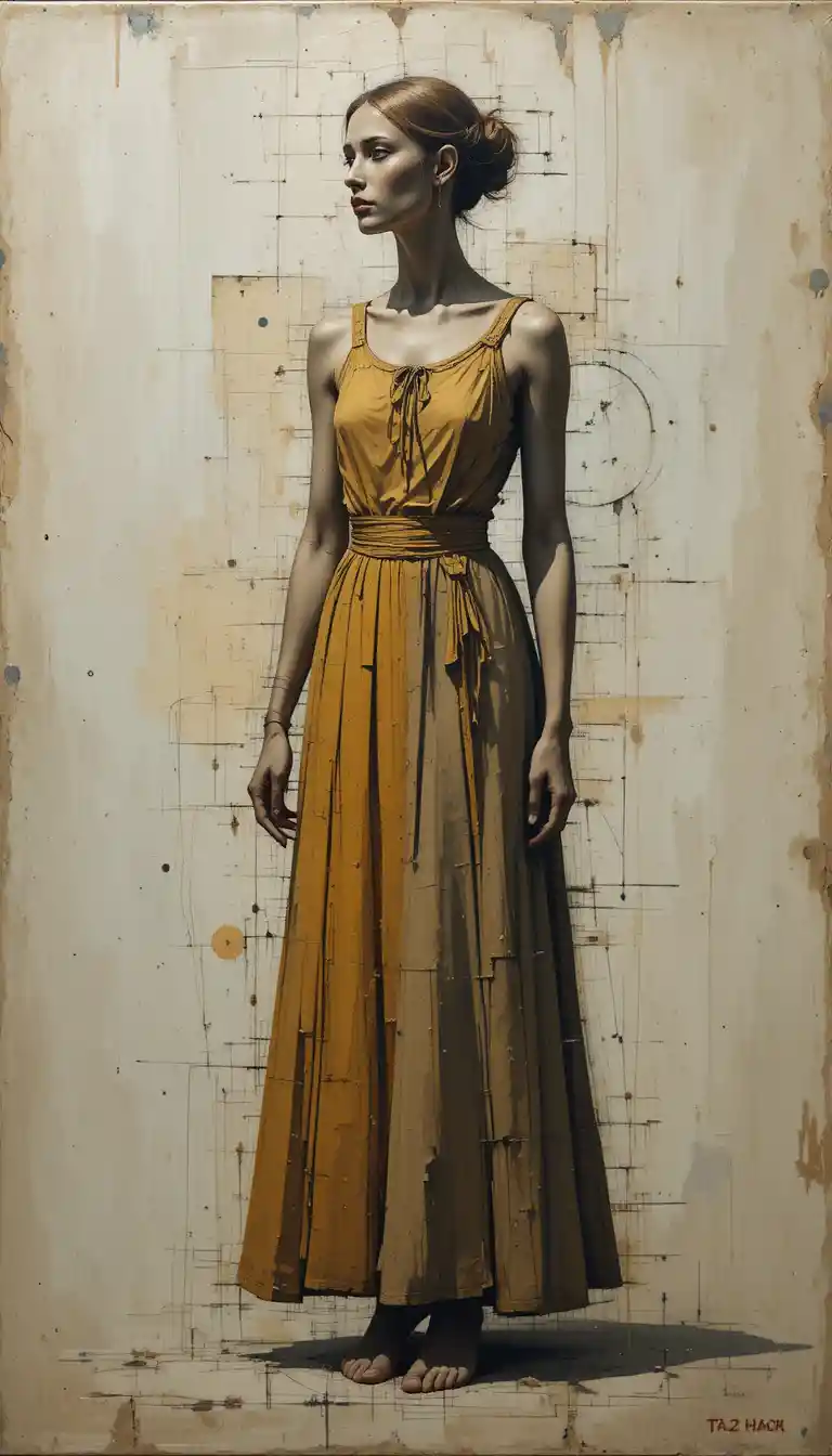 Semi figurative woman in long historic dress in impasto painting