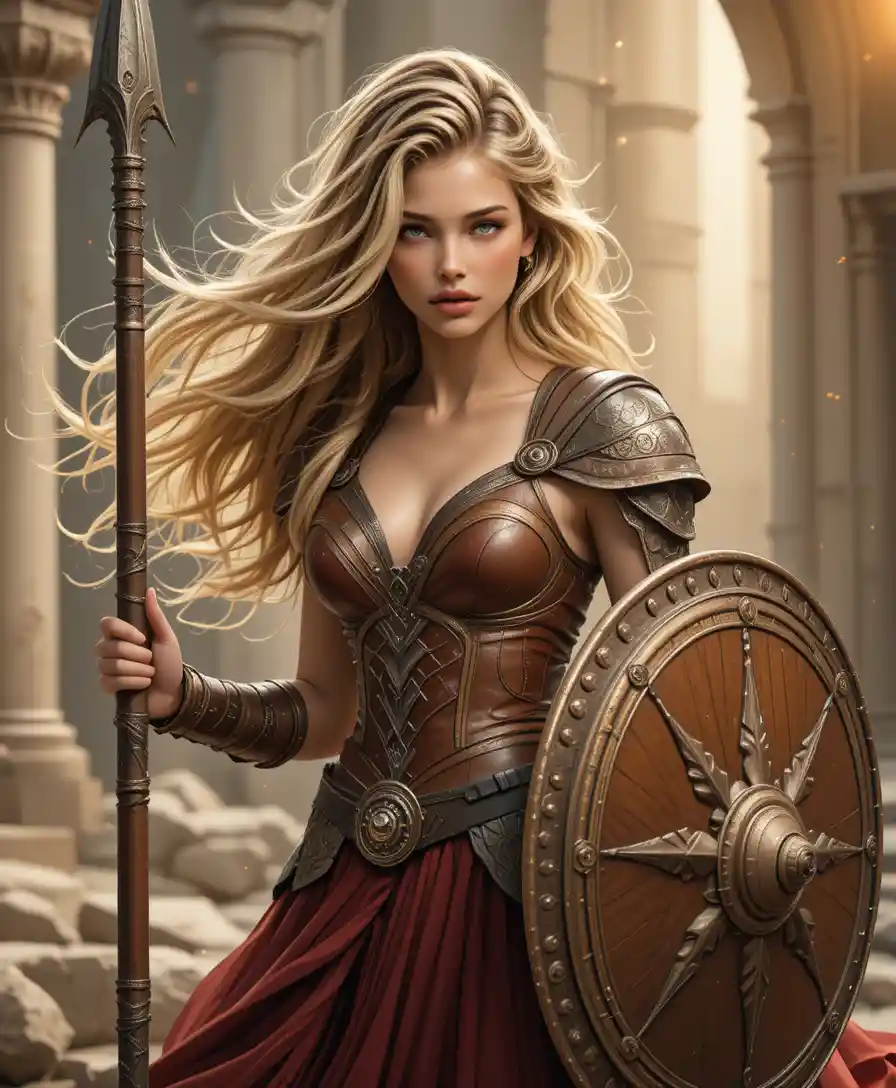 Blonde warrior woman in red dress amid ancient ruins