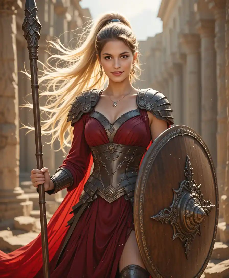 Blonde spear warrior in red dress amid ancient marble ruins