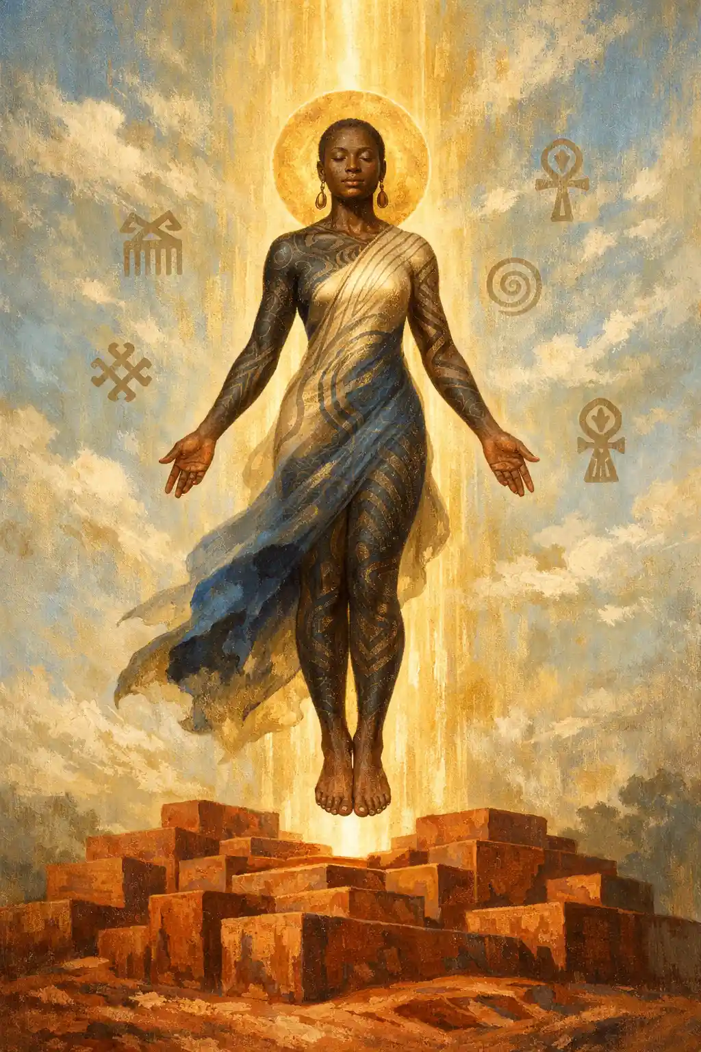 Afrikanische Frau erhebt sich in einem symbolischen Himmel aus Licht und Zweifel