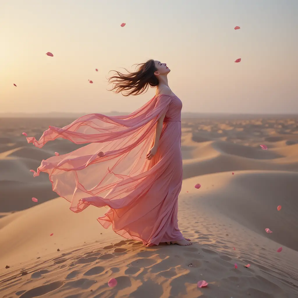 Girl in flowing pink silk gown on windy sand dune