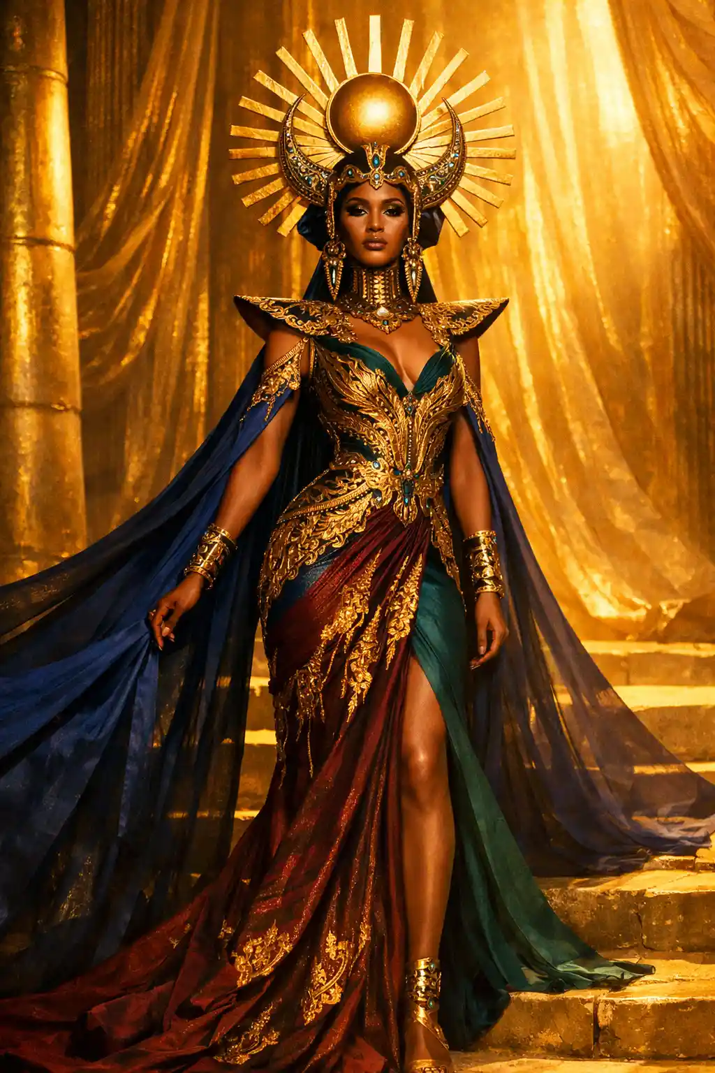 Regal queen in gilded couture with sculptural golden details