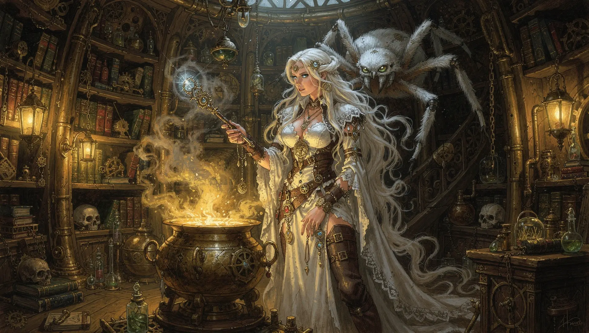 White witch casting spells in a glowing steampunk chamber