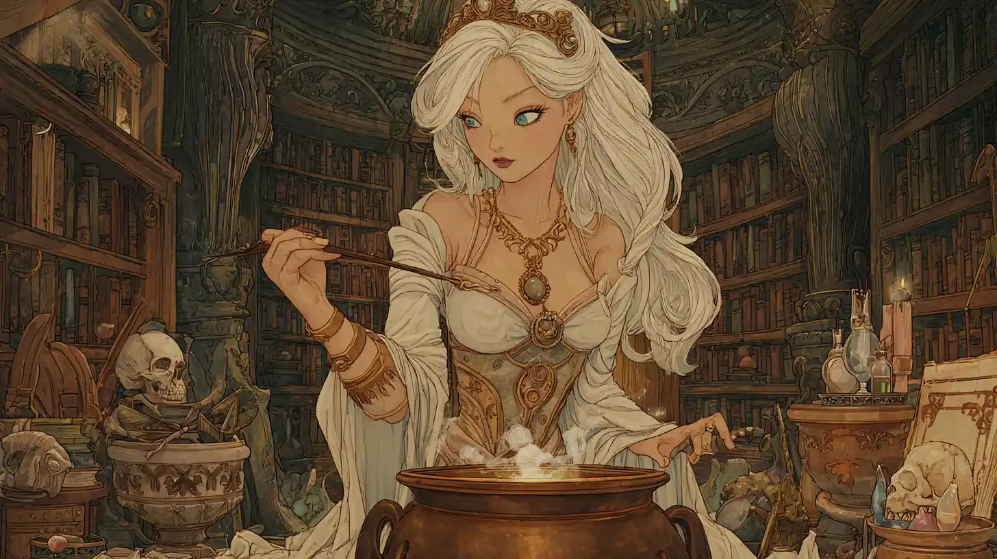 White witch brewing potions in a steampunk magic chamber