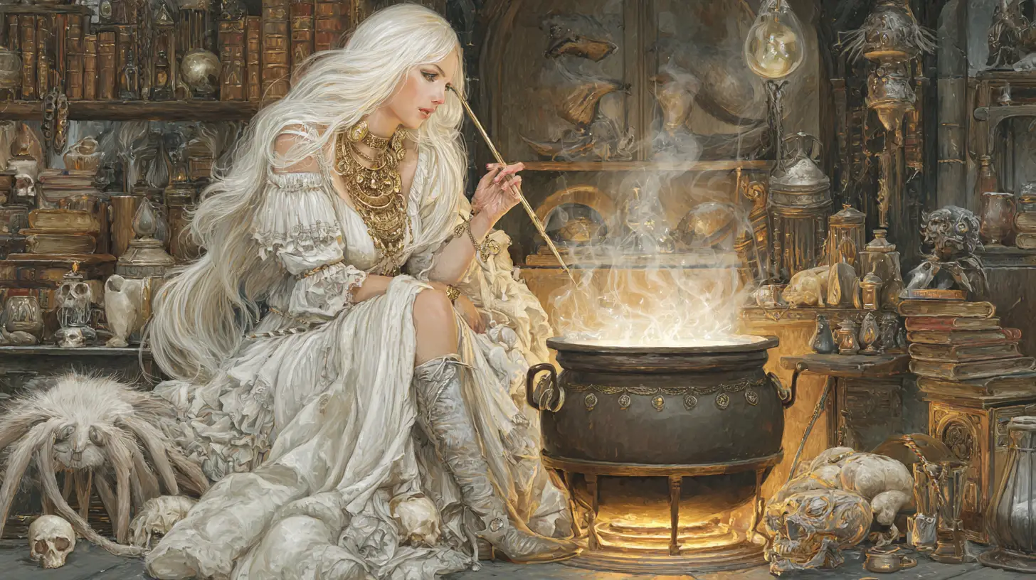 White witch brewing potions in a glowing steampunk chamber