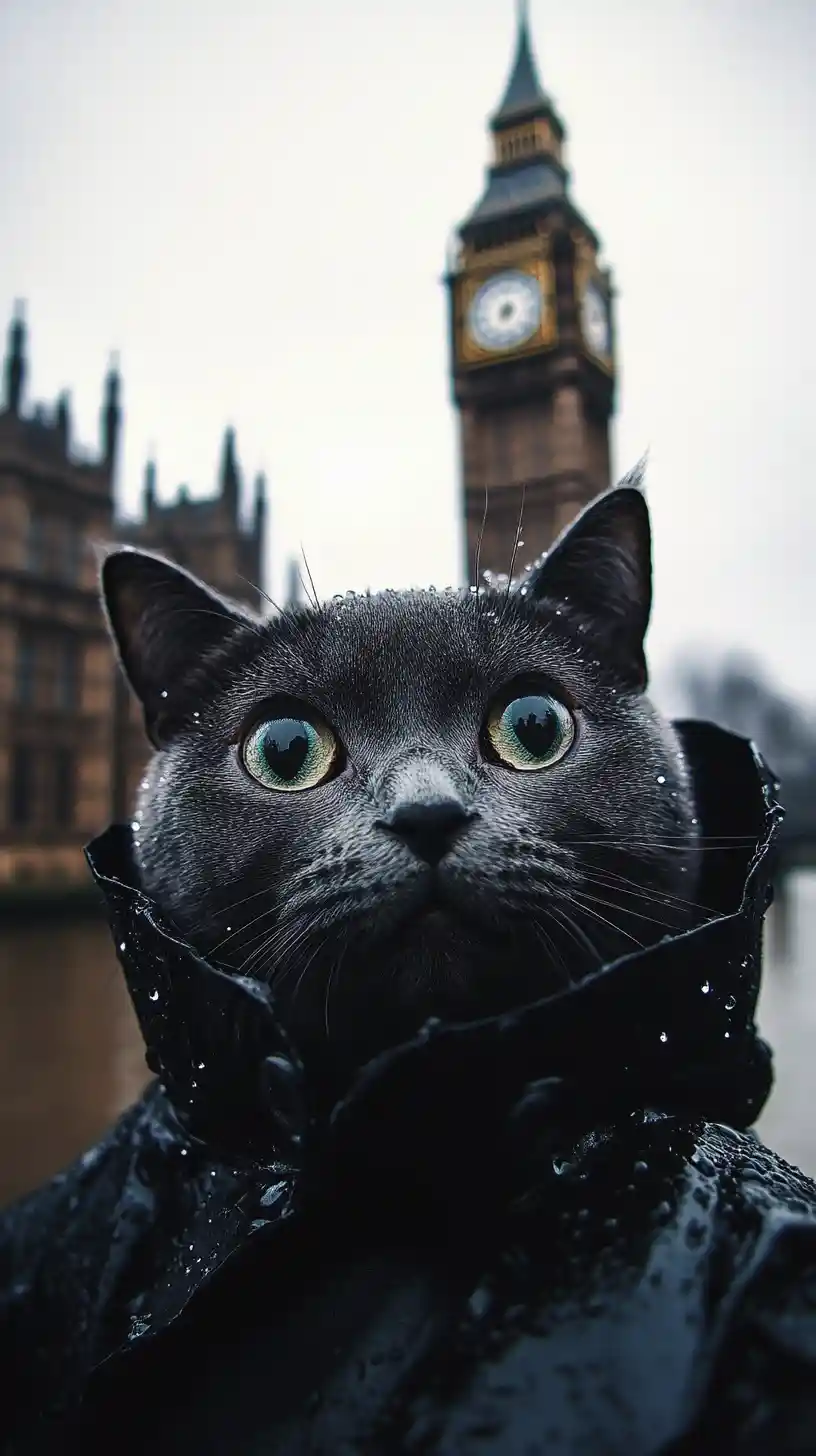 Gray cat taking a selfie by big ben in rain