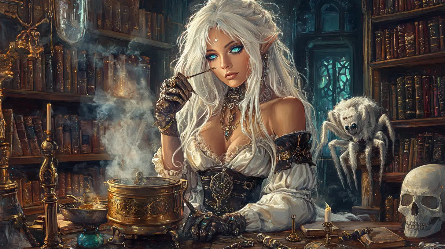 Grand white witch brewing potions in a glowing chamber