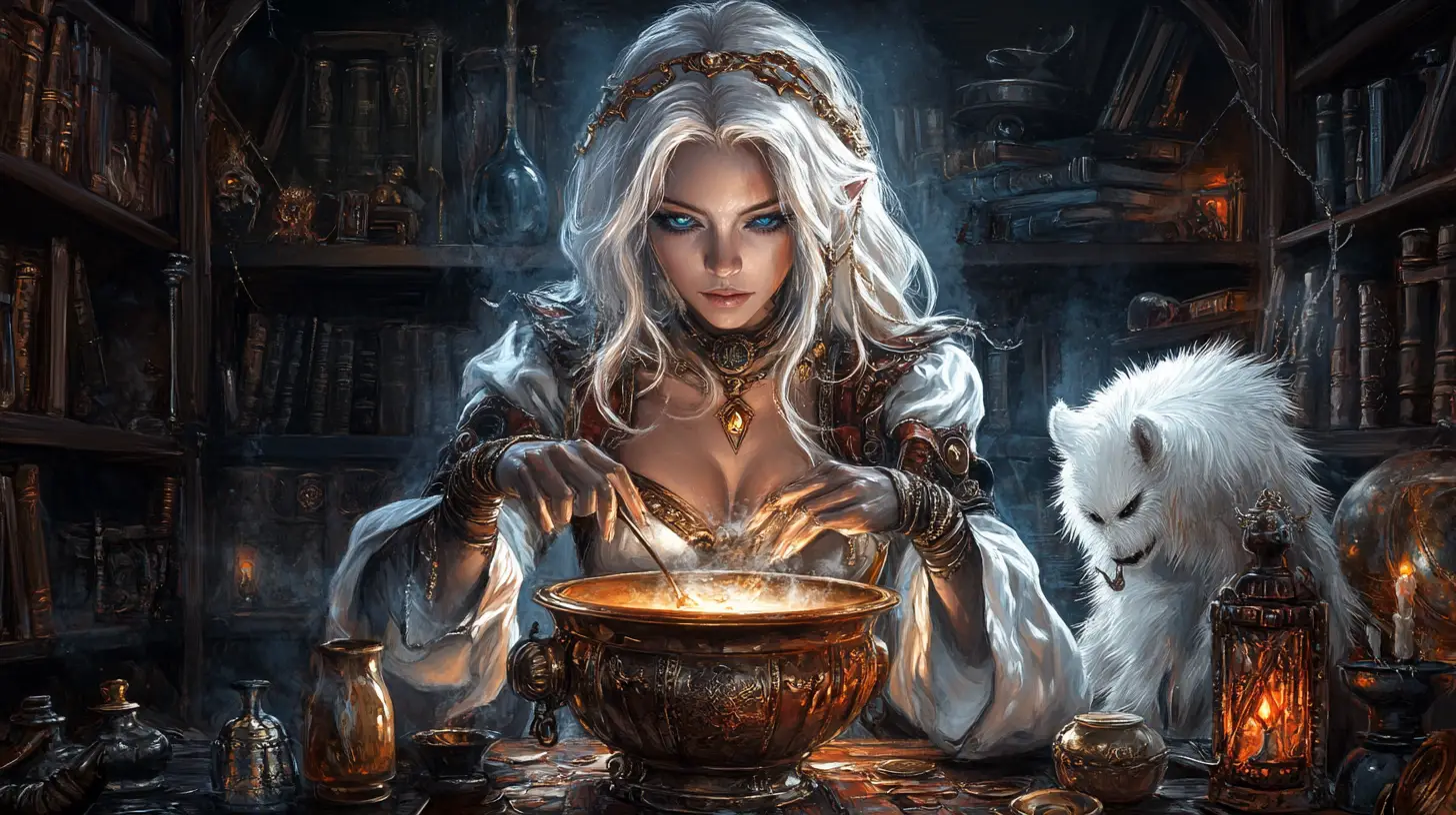 Grand white witch casting spells in a glowing chamber