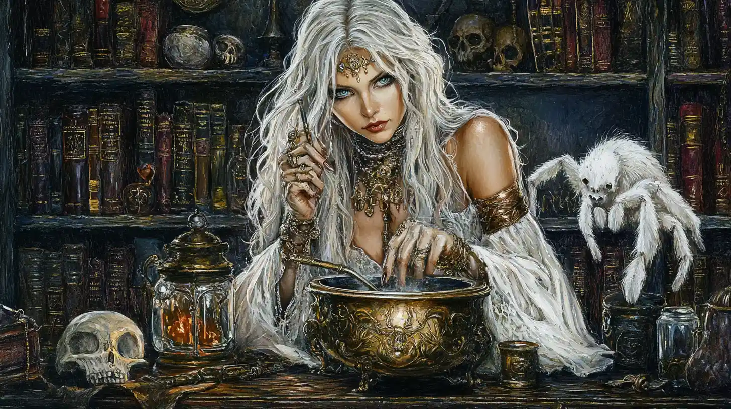 White witch casting spells in a glowing steampunk chamber