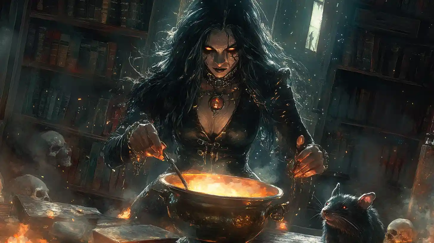 スチームパンクの部屋で薬を調合する闇の魔女
