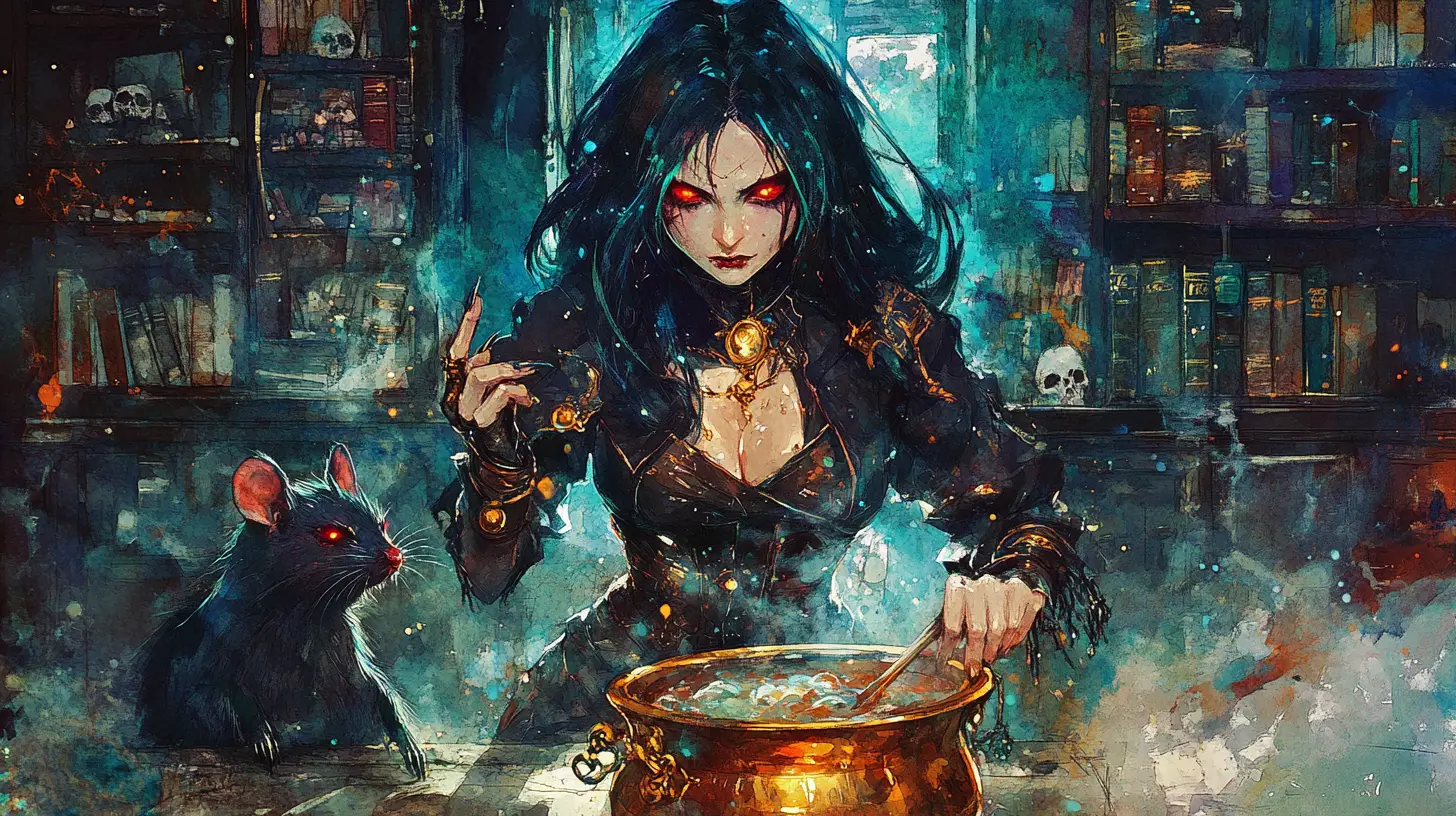 Steampunk dark witch brewing potions in glowing chamber