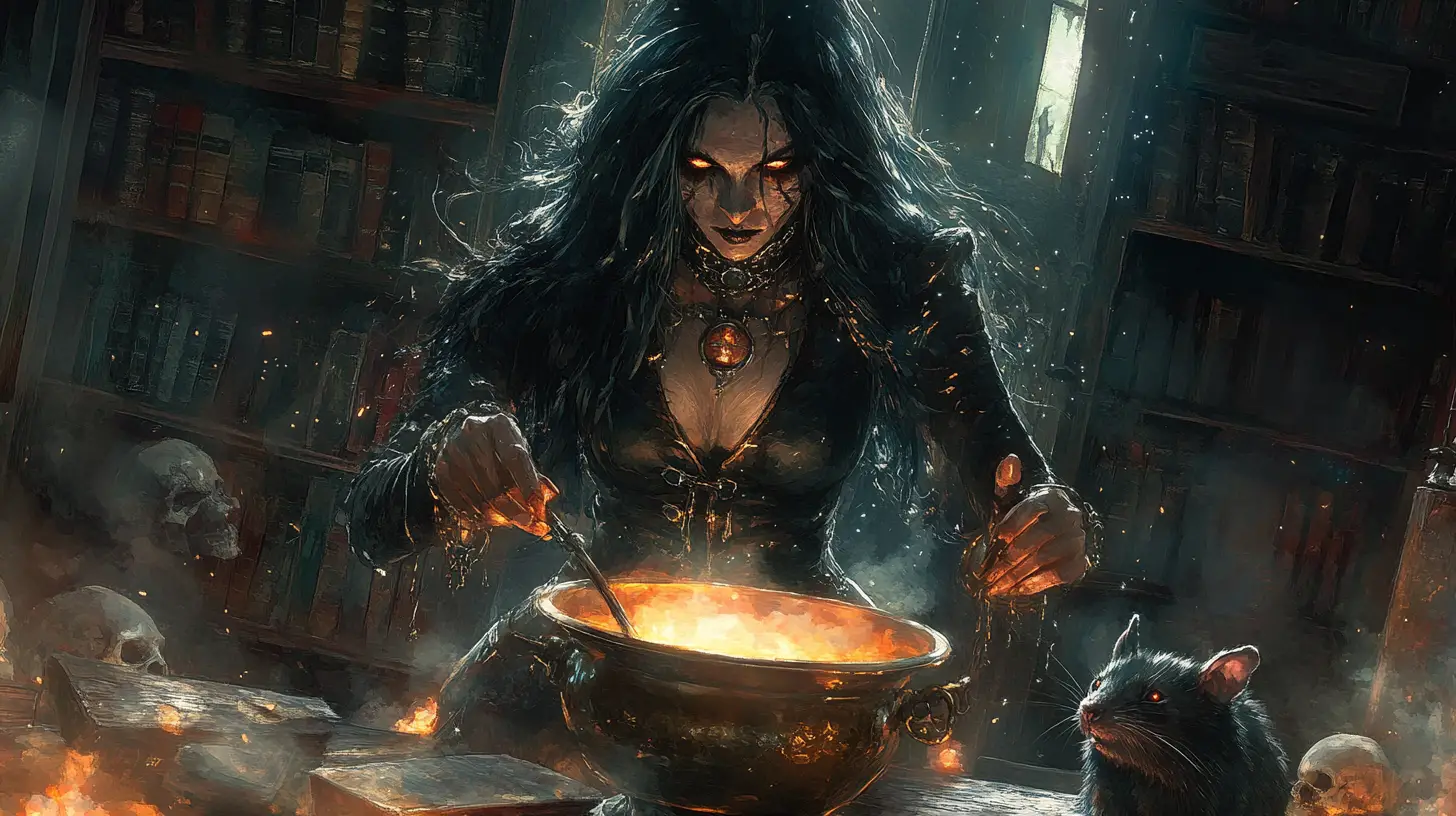 Dark witch brewing potions in a steampunk chamber