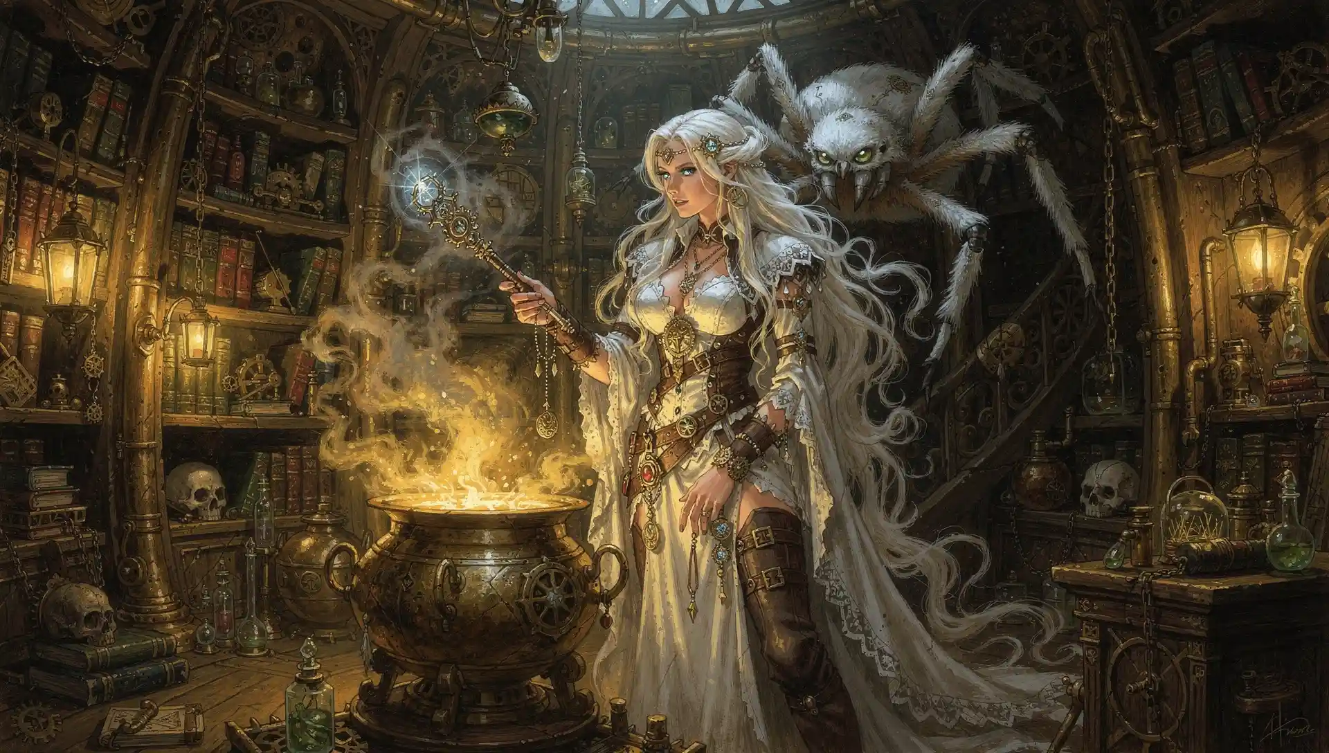 White witch casting spells in a glowing steampunk chamber