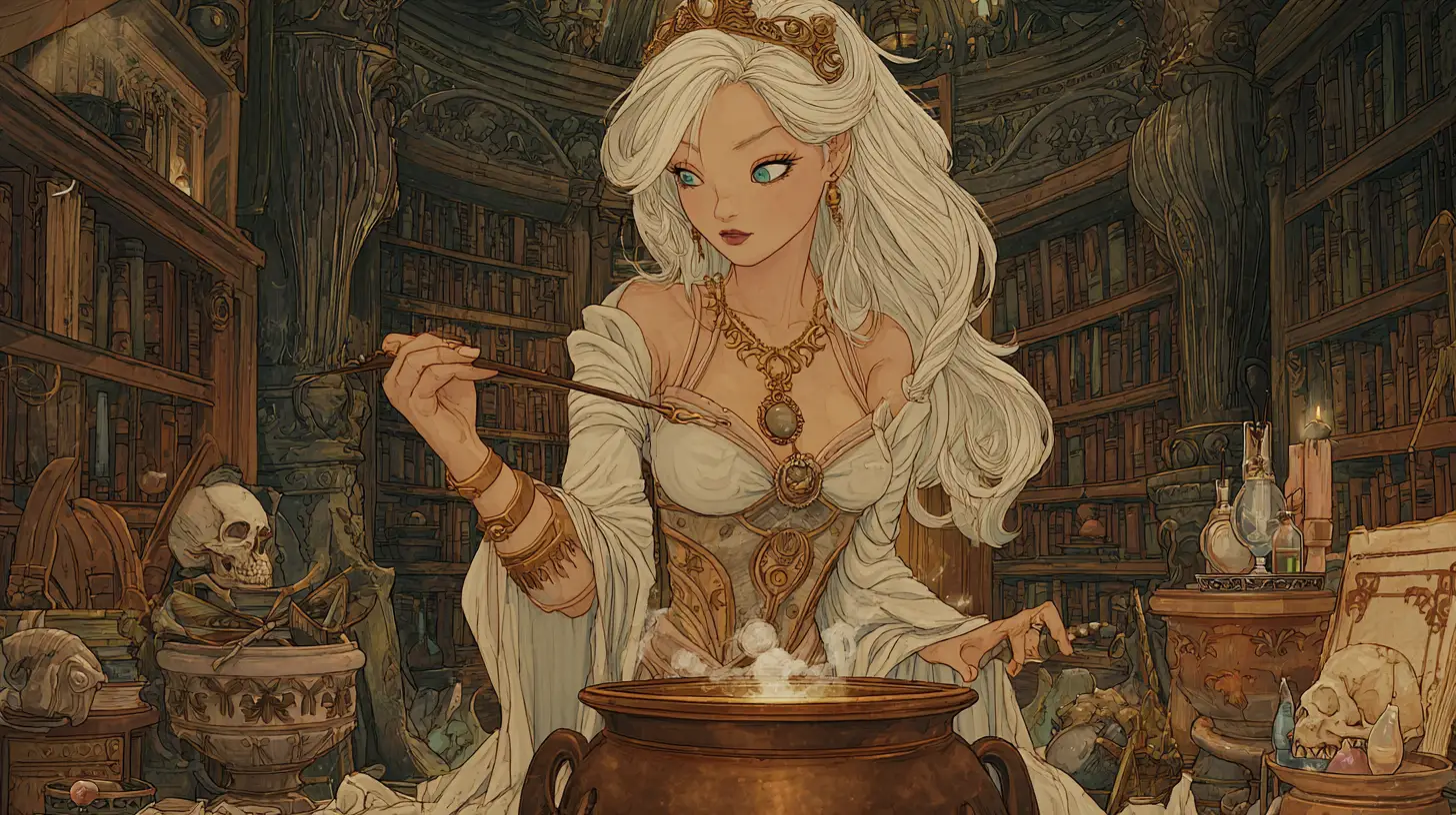 White witch brewing potions in a steampunk magic chamber
