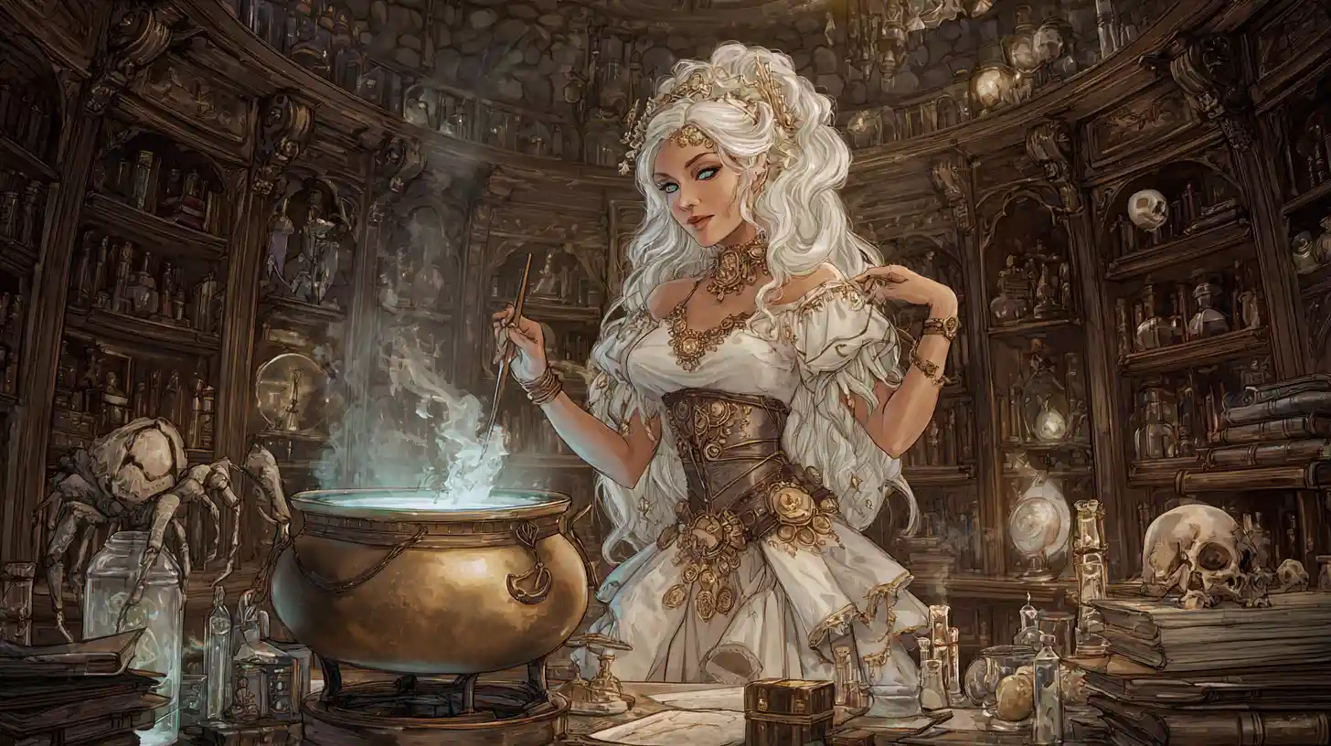 Bruja blanca preparando pociones en una cámara steampunk luminosa