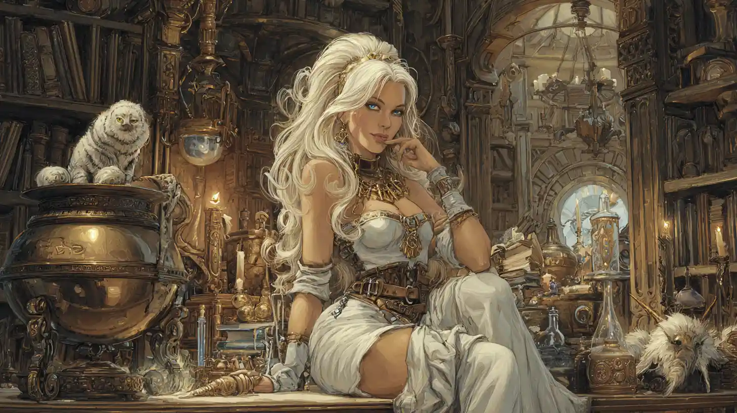 White witch brewing potions in a glowing steampunk chamber