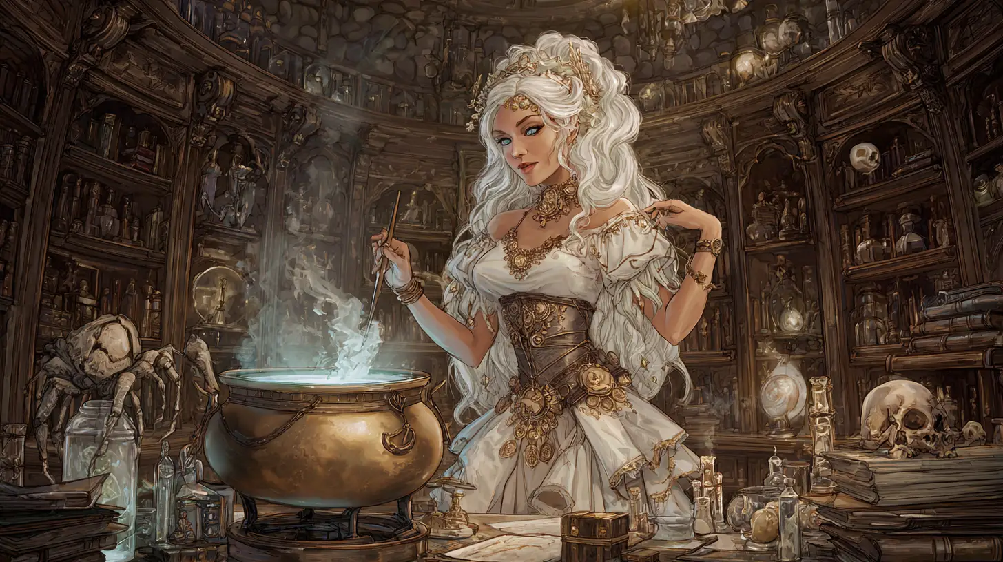 White witch brewing potions in a glowing steampunk chamber