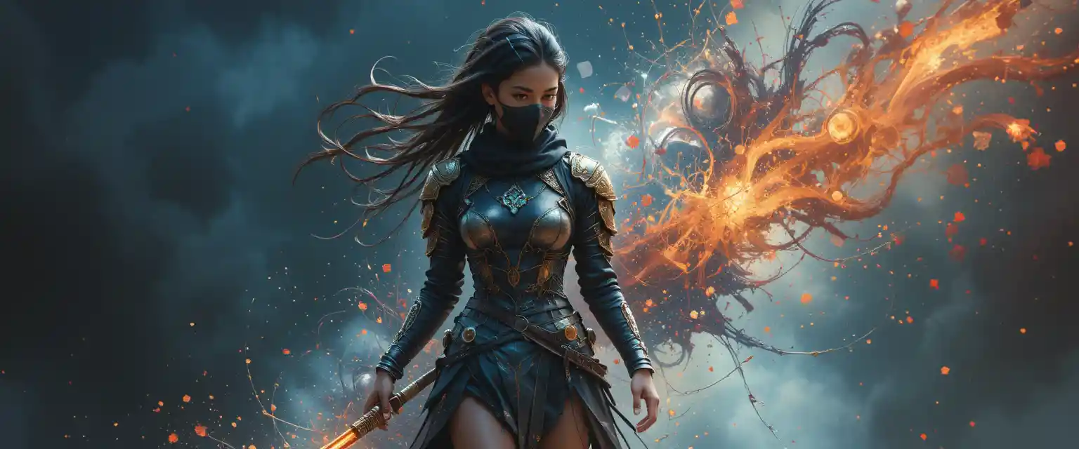 Ninja girl warrior in fantasy armor with masked full body pose