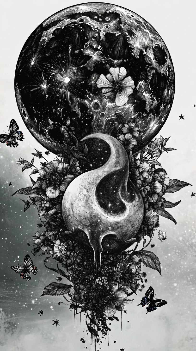 Surreal crescent moon melting into blooming floral design