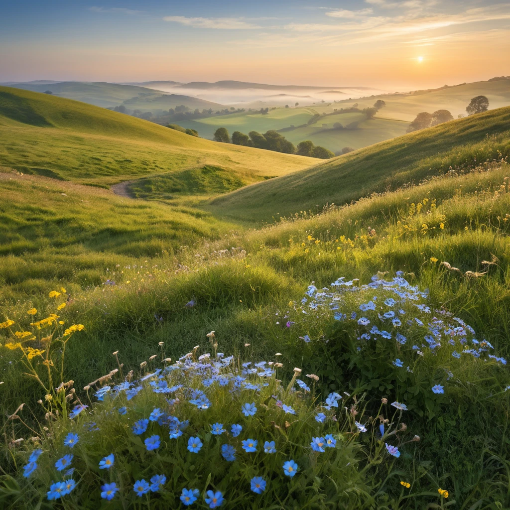 Golden sunrise over misty countryside hills and wildflowers